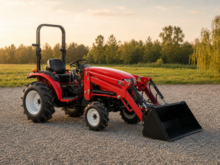 Czerwony mini traktor z ładowaczem czołowym TUR