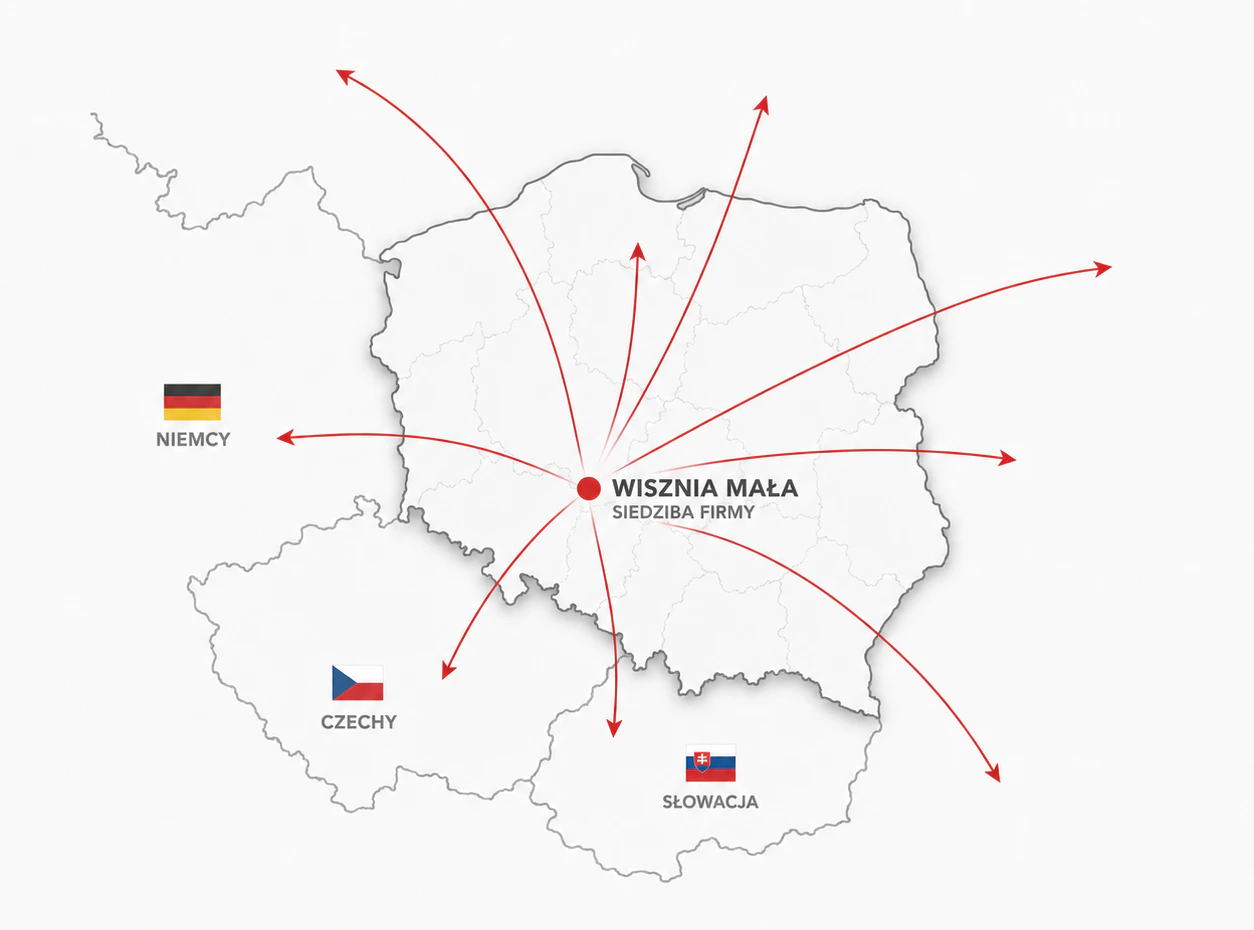 Mapa sprzedaży Zampol z Wiszni Małej do klientów w Polsce, Niemczech, Czechach i na Słowacji